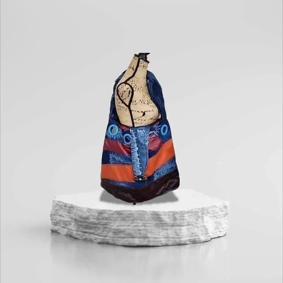 UPCYCLED Vintage Southpole extra large boho leather patchwork Hobo bag - Picture 3 of 12